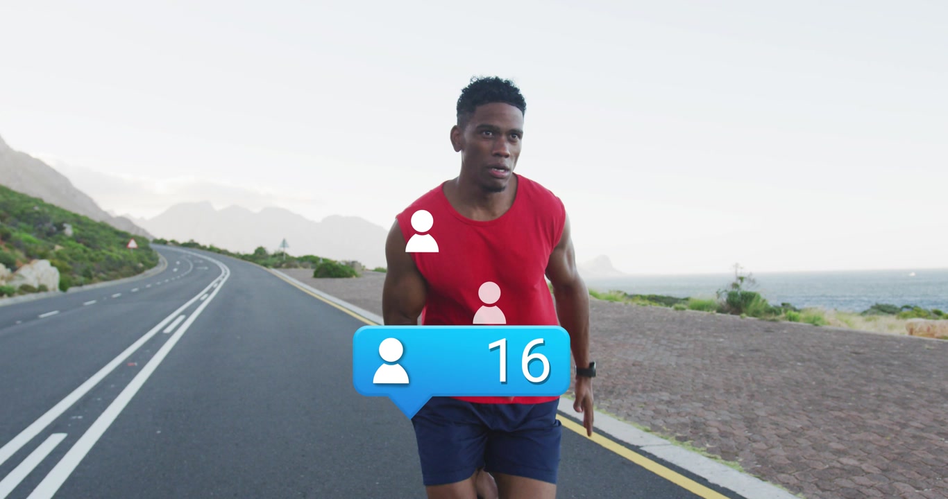Man running coastal road, checking watch causing blue fitness counter incrementing, showing growth