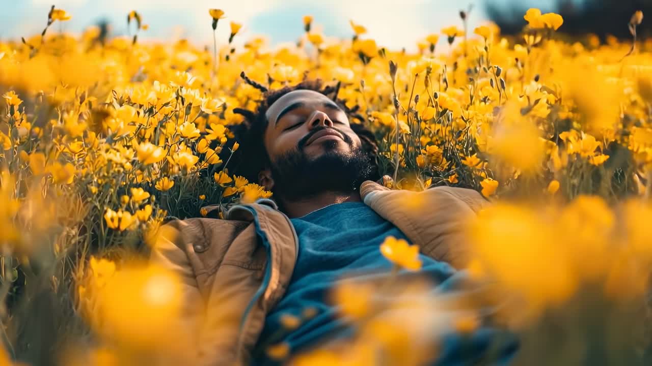 Man with Dreadlocks Lying Peacefully in a Field of Yellow Flowers