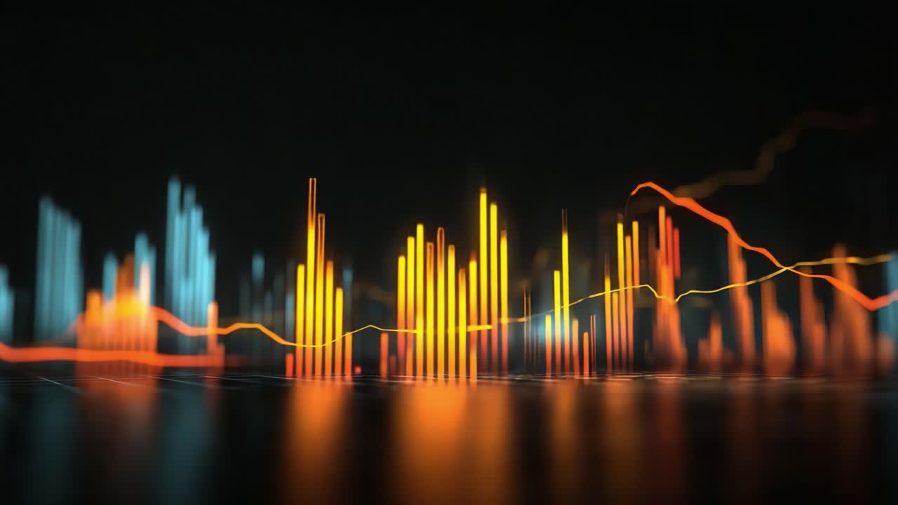 Dynamic Visual Representation of Financial and Market Trends Through Vibrant Graphical Data Waves in Orange, Blue, and Yellow Colors, Showcasing Economic Growth and Fluctuations