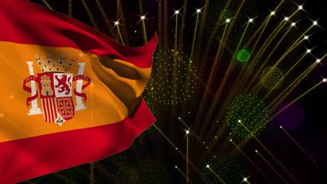animation of flag of spain over fireworks on black background