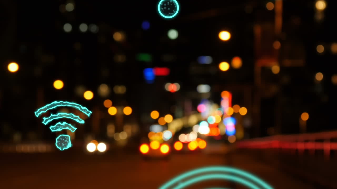 animación de iconos wifi digitales que vuelan sobre el paisaje urbano