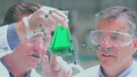 Animation-of-molecular-structures-floating-over-two-caucasian-male-scientists-working-at-laboratory