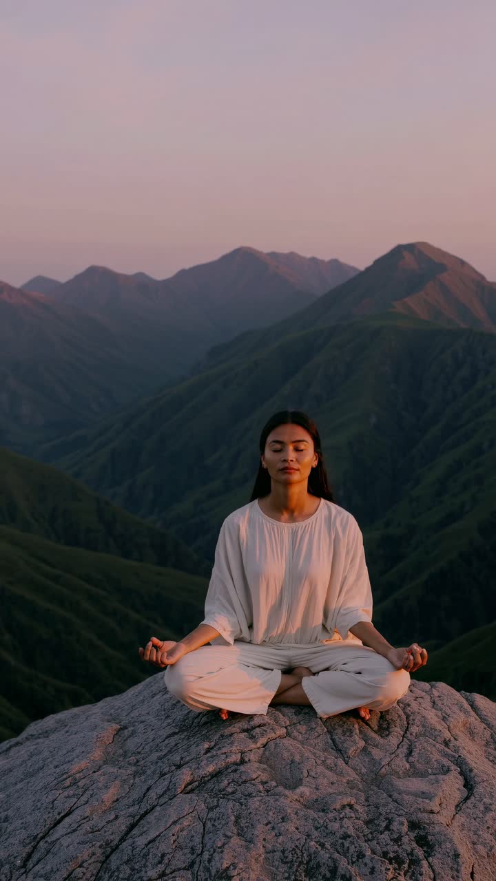 A serene video scene of a woman meditating on a mountain peak at sunset