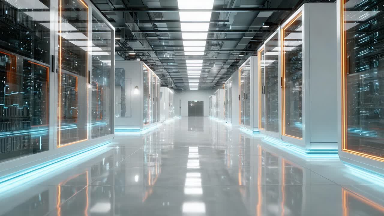 A State-of-the-Art Data Center Corridor Featuring Advanced Server Racks and High-Tech Lighting, Highlighting the Future of Digital Infrastructure and Cloud Computing