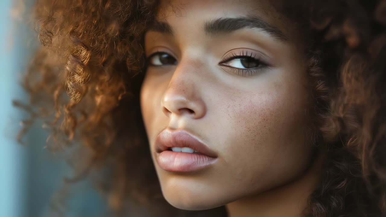 Serene young woman with curly hair closing and opening warm brown eyes, radiating quiet self confidence and natural beauty in soft studio lighting