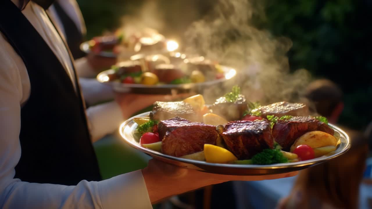 Elegantly Presented Gourmet Dishes with Smoky Aromas Served at an Outdoor Event, Featuring Succulent Steaks, Fresh Vegetables, and Vibrant Garnishes on Beautifully Arranged Platters