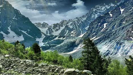 berglandschaft. tal mit nebel. ölgemälde-stil. ein wunderschöner schneebedeckter pass. animation. schleife.