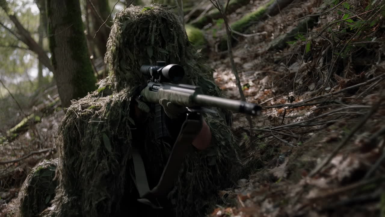 Cecchino in tuta mimetica Ghillie che mira con un fucile nella foresta.