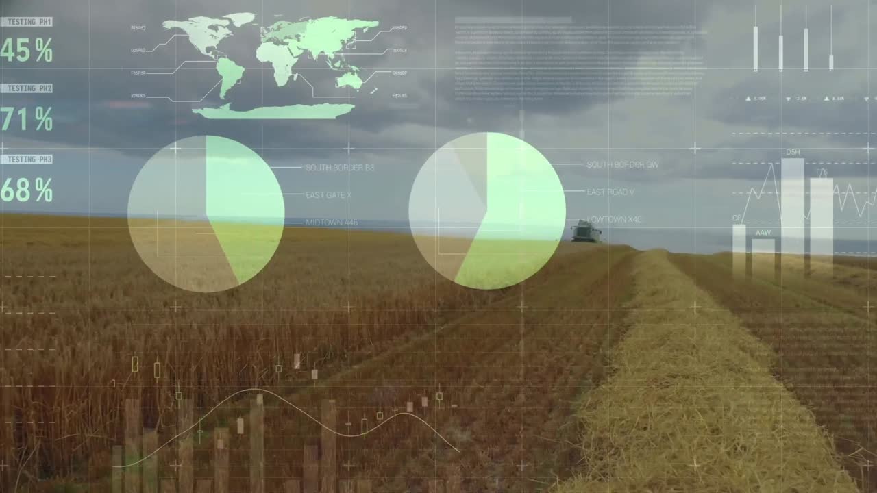 농장  ⁇ 에서 작동하는 트랙터에서 통계 데이터 처리의 애니메이션