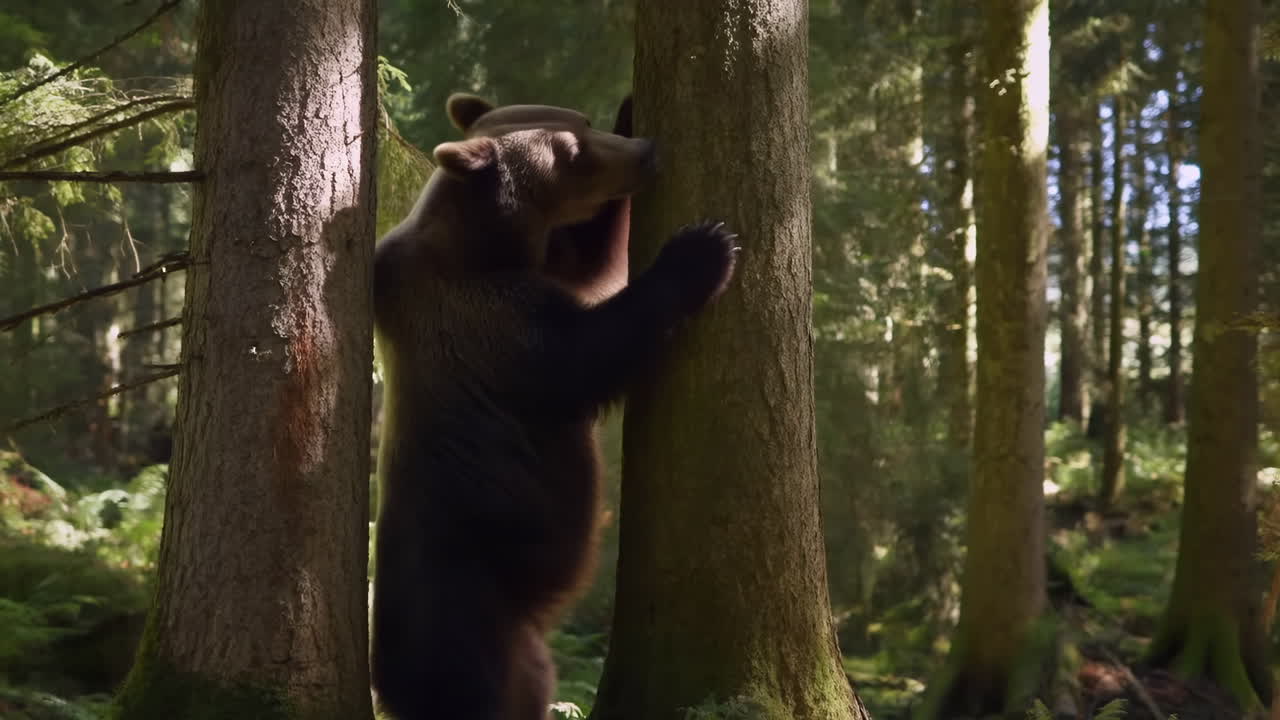 Orso bruno si appoggia a un albero in una foresta soleggiata, annusando la corteccia ed esplorando tronchi muschiosi. Il foraggiatore si ferma per marcare.