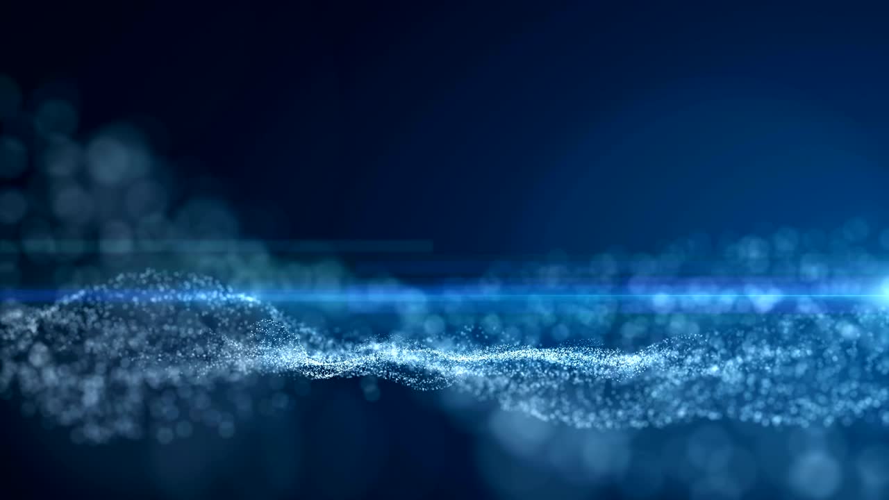 Seamless loop, blue background, digital signature with wave particles, sparkle, veil and space with depth of field. The particles are white light lines.