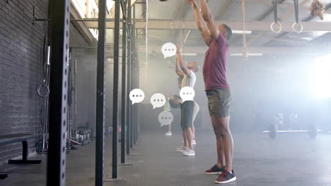 people exercising in gym with chat bubble animations floating around them