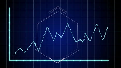 animación del procesamiento de datos estadísticos a través de la red de cuadrícula y forma hexagonal sobre fondo azul