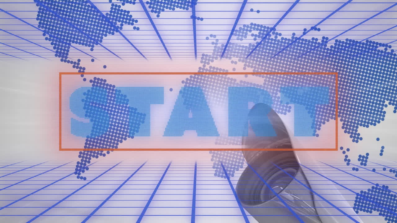 백색 배경에 있는 감시 카메라와 세계 지도에 대한 시작 텍스트의 디지털 애니메이션