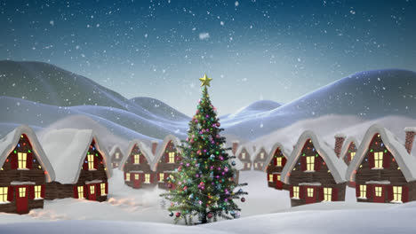 Animación-De-Nieve-Cayendo-Sobre-Casas-Y-árboles-De-Navidad-En-Paisajes-Invernales