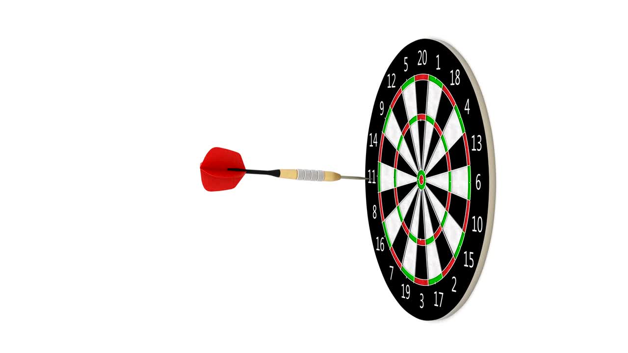 Rotating dart arrow hitting bulls eye in the center of the target slow