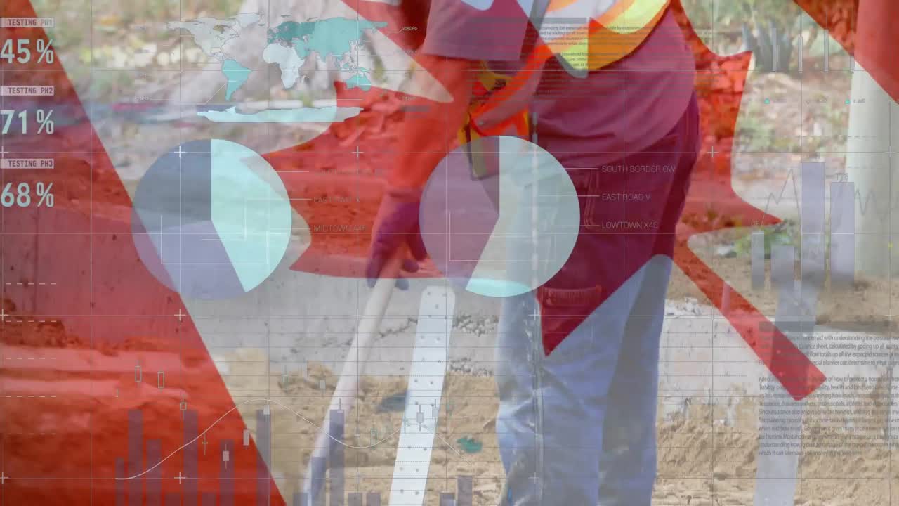 Canadian flag over site worker using shovel.