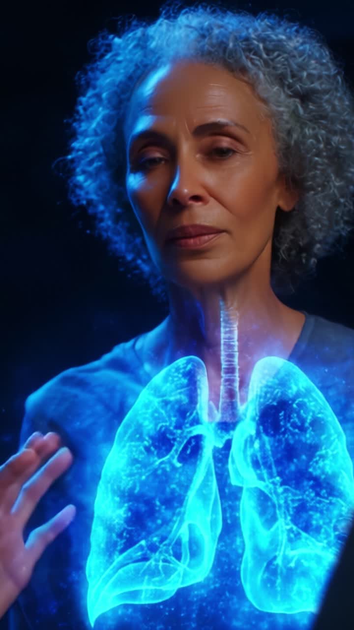 Una donna osserva una rappresentazione olografica dei polmoni umani, profondamente immersa in un momento introspettivo che mostra la salute e l'anatomia attraverso una tecnologia innovativa