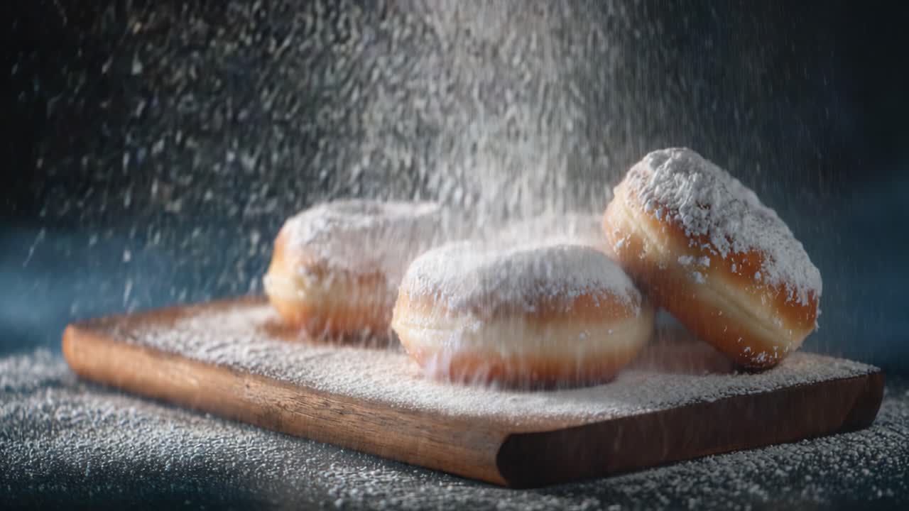 Verwöhnende Leckereien: Goldene, fluffige Donuts, großzügig mit Puderzucker bestreut, die ein unwiderstehliches Dessert-Erlebnis in einem wunderschön beleuchteten Rahmen präsentieren