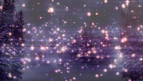 animación de navidad parpadeando luces púrpuras sobre un paisaje de invierno con abetos