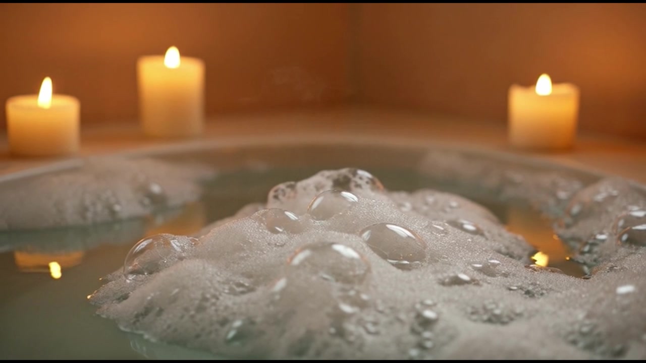 Bagno di bolle rilassante con candele accese in un ambiente spa