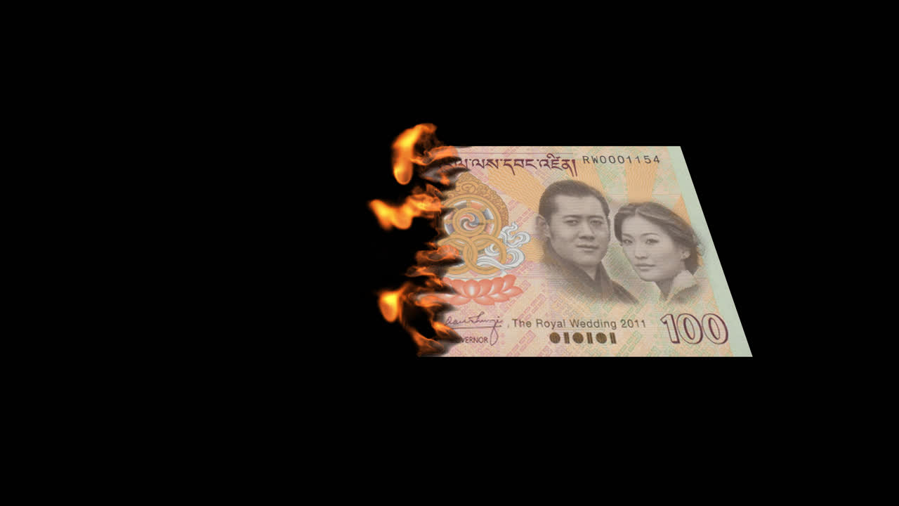 Burning Bhutanese 100 Ngultrum Banknote