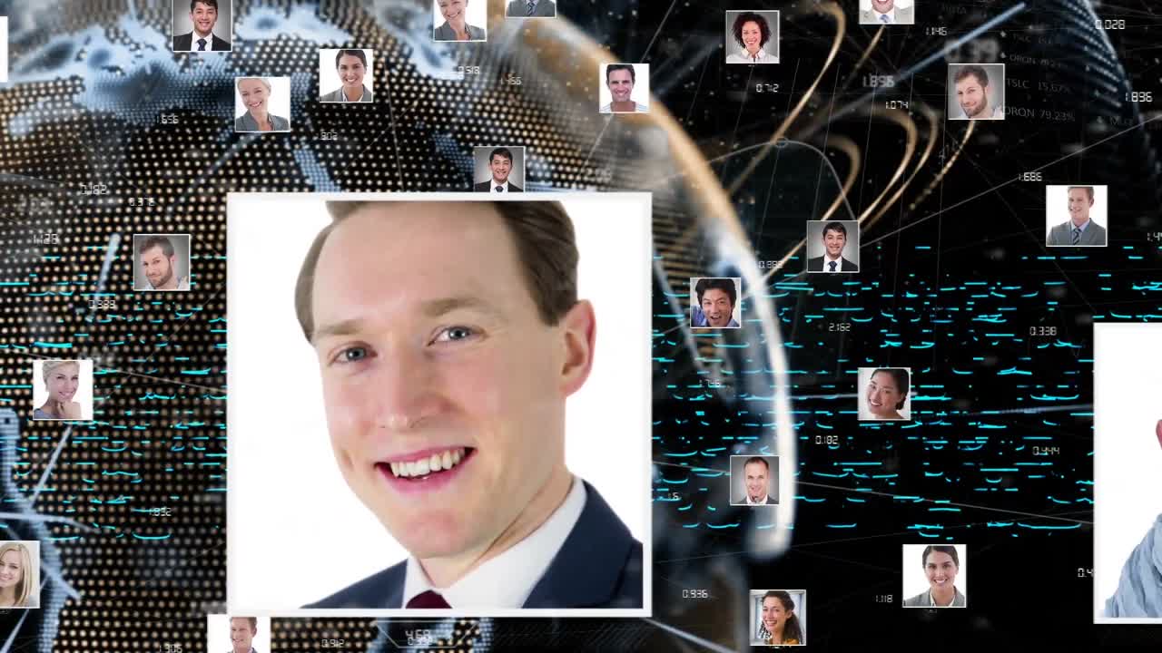 검은색 배경에 회전하는 지구와 빛의 흔적 위에 프로필 아이콘 네트워크의 애니메이션