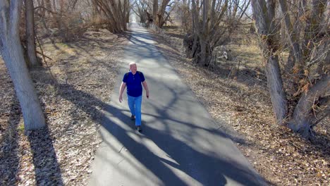 older, mature man on a hike on a path through the forest in early spring - aerial view in slow motion