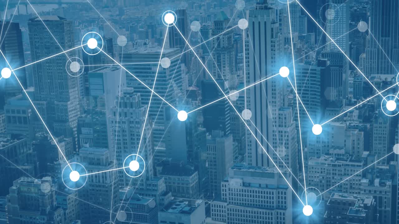 都市風景上の輝く点を持つ接続ネットワークのアニメーション