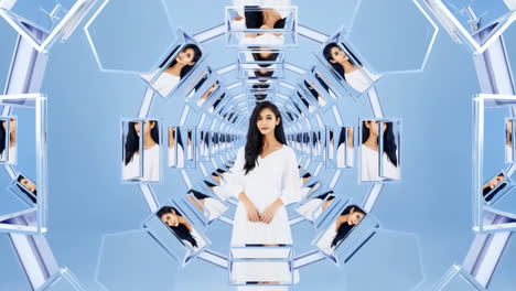 woman in white dress in a mirrored futuristic tunnel