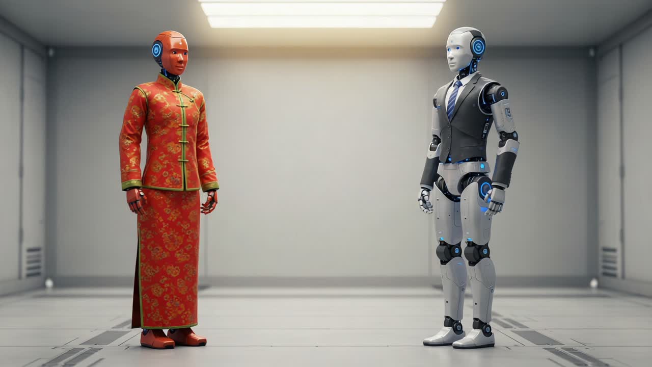 A Captivating Encounter Between Two Sophisticated Robots: Exploring the Fusion of Tradition and Technology in an Advanced Interaction for the Future