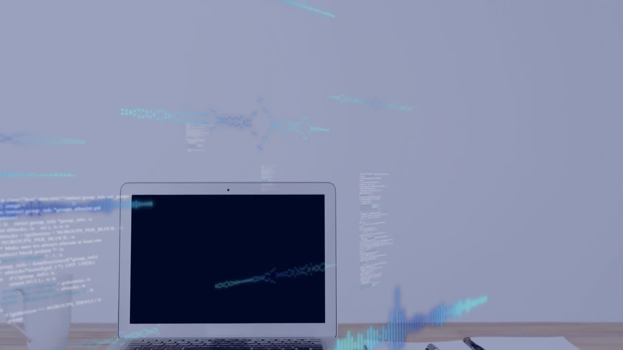 Digital sound waves animation over laptop screen with blue background