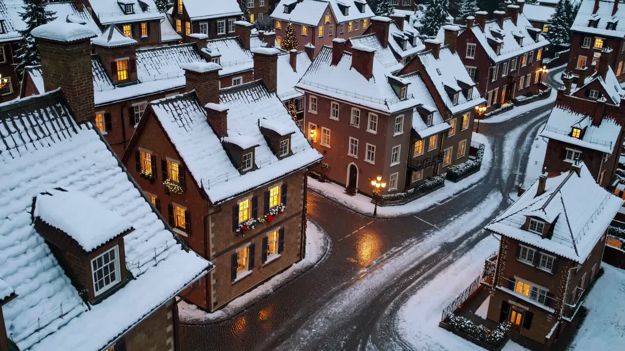 Aerial view of a snow-covered, vintage village, evoking a nostalgic holiday feel