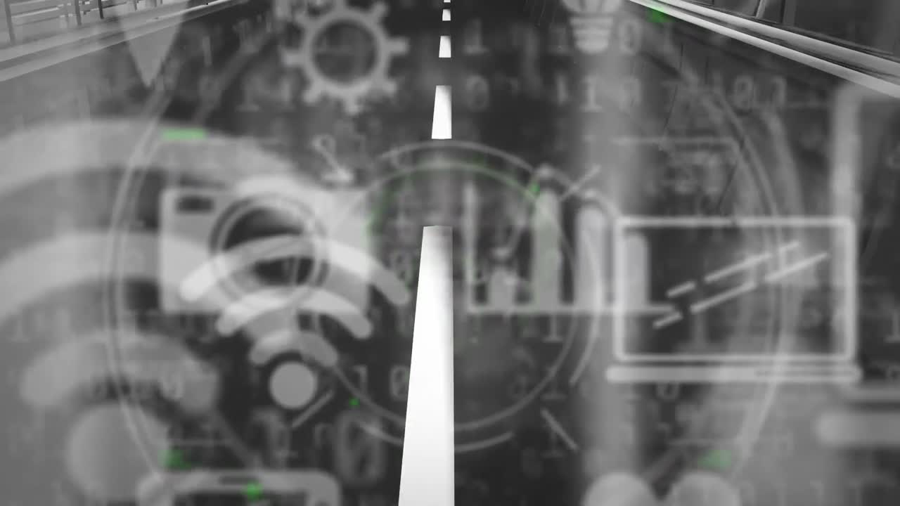 도로 위에 떠다니는 디지털 아이콘의 애니메이션