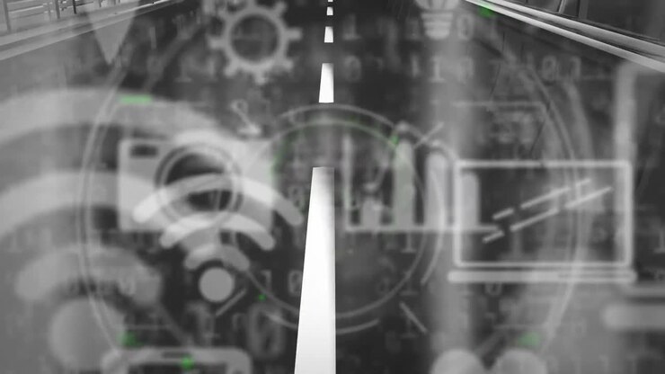 Animation of digital icons floating over road