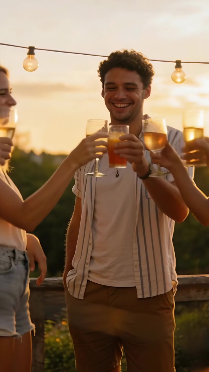 Vertikal video: Kvinne hever glass, mann og mannskap skåler på takterrasse, med stripete elementer.