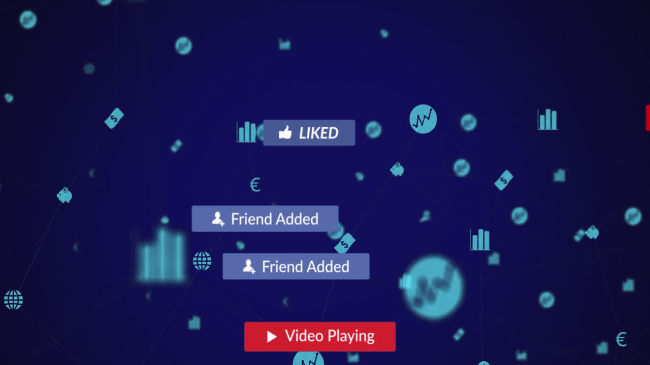 animación de iconos de redes sociales y emojis que caen sobre un fondo azul