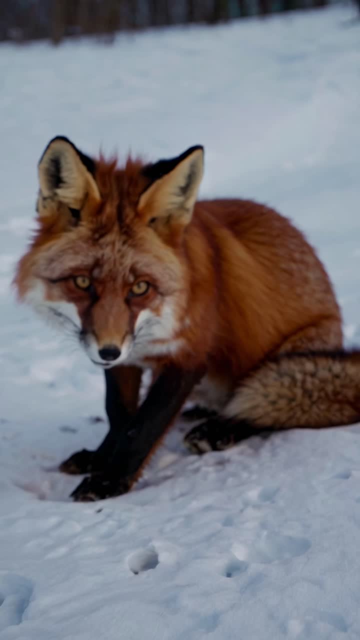 Close-up video of a red fox in the snow, captured from a low angle