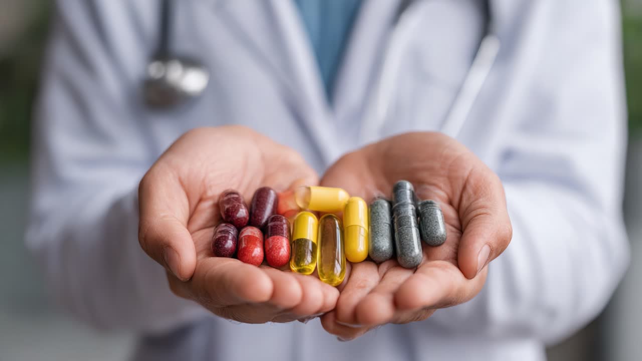 A healthcare professional presents a variety of capsules and tablets in both hands, highlighting the importance of medication and health management in modern society