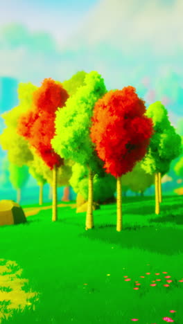 a whimsical landscape with colorful trees and a lush green field