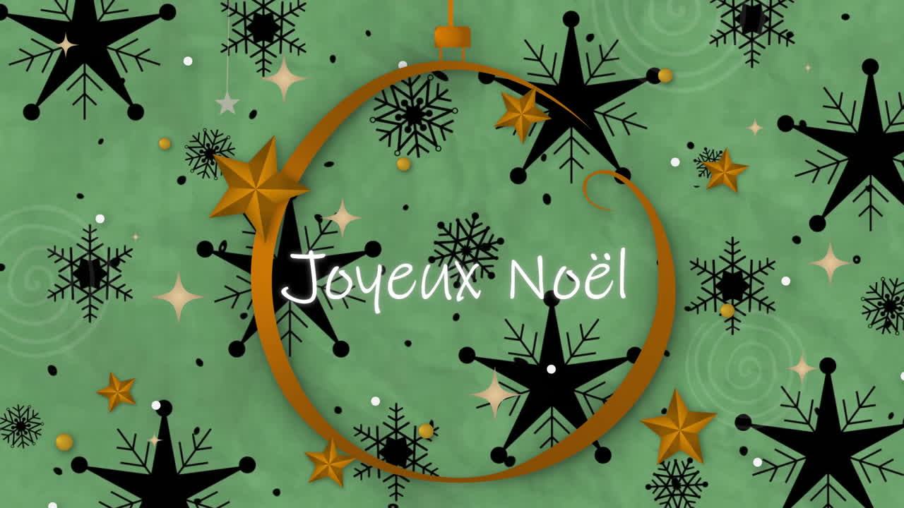 Joyeux noel text animation over christmas ornaments and snowflakes on green background