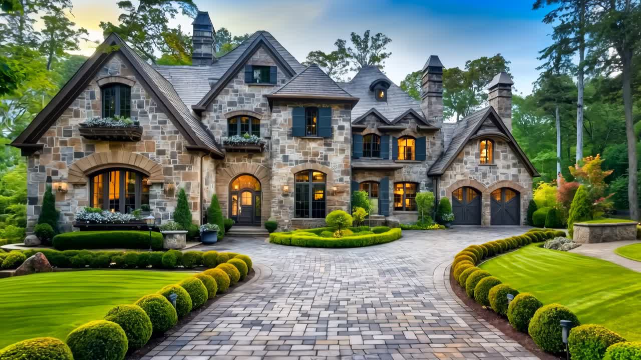 A large stone house with a driveway in front of it