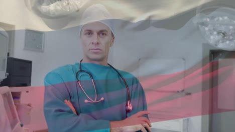 Animation-of-flag-of-russia-waving-over-anesthesiologist-in-operating-theatre