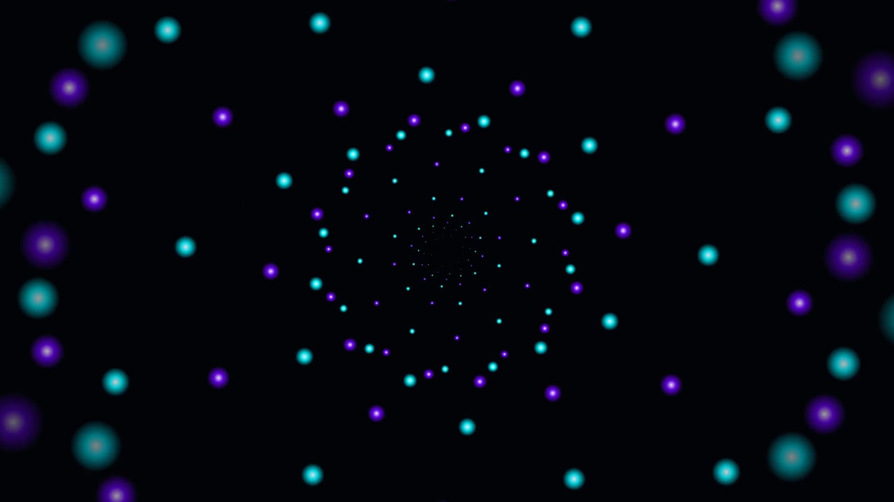 Sfondo animato astratto di sfere luminose rotanti color verde acqua e viola
