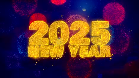 2025 new year wish text on colorful firework explosion particles.
