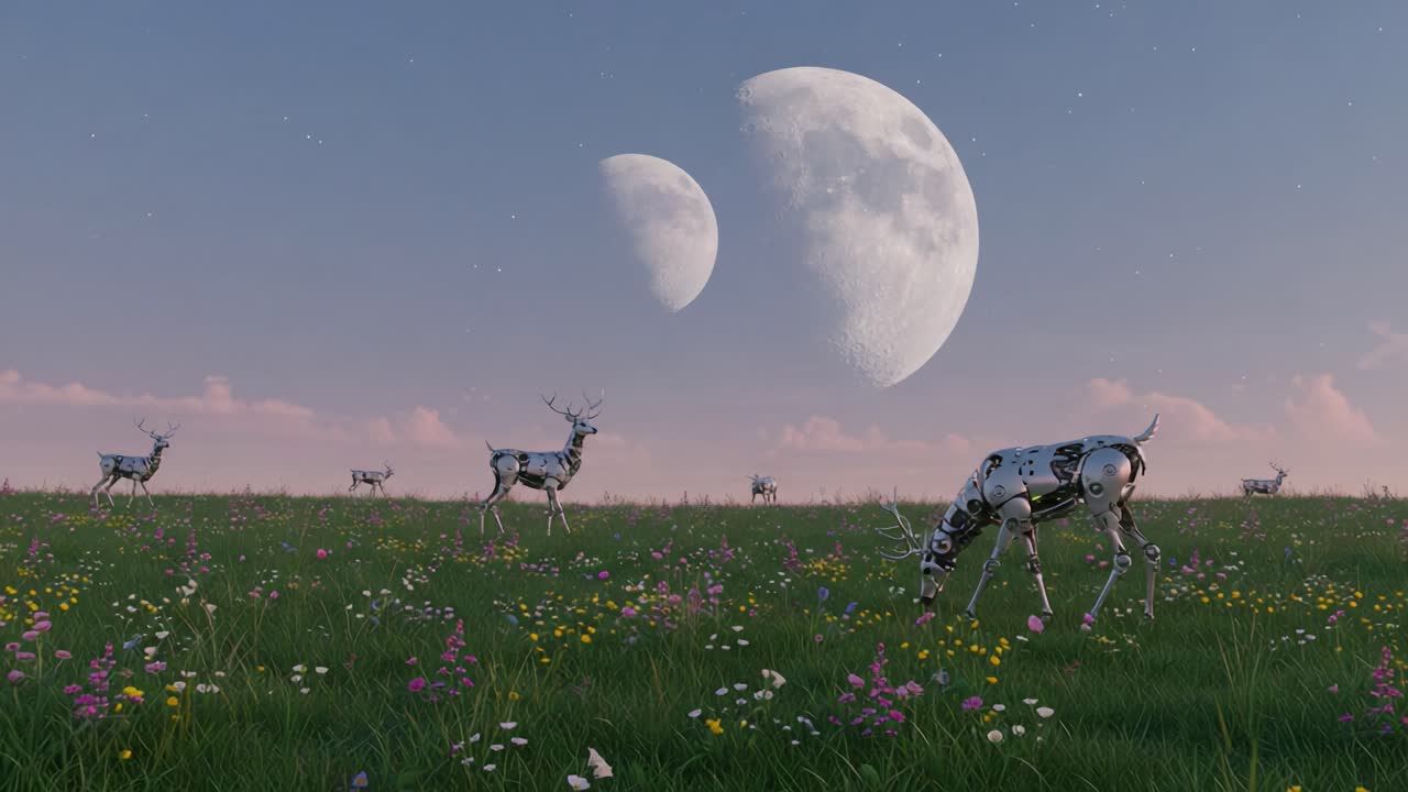 A Surreal Scene of Robotic Deer Grazing in a Vibrant Meadow Under Twin Moons Amidst Colorful Wildflowers and a Softly Lit Sky
