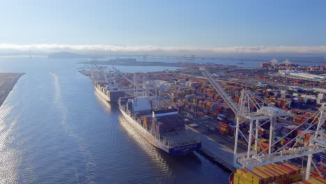 aerial view of cargo ships and cranes in oakland container port