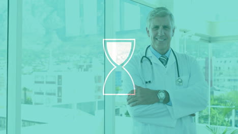 animation of hourglass icon over caucasian male doctor