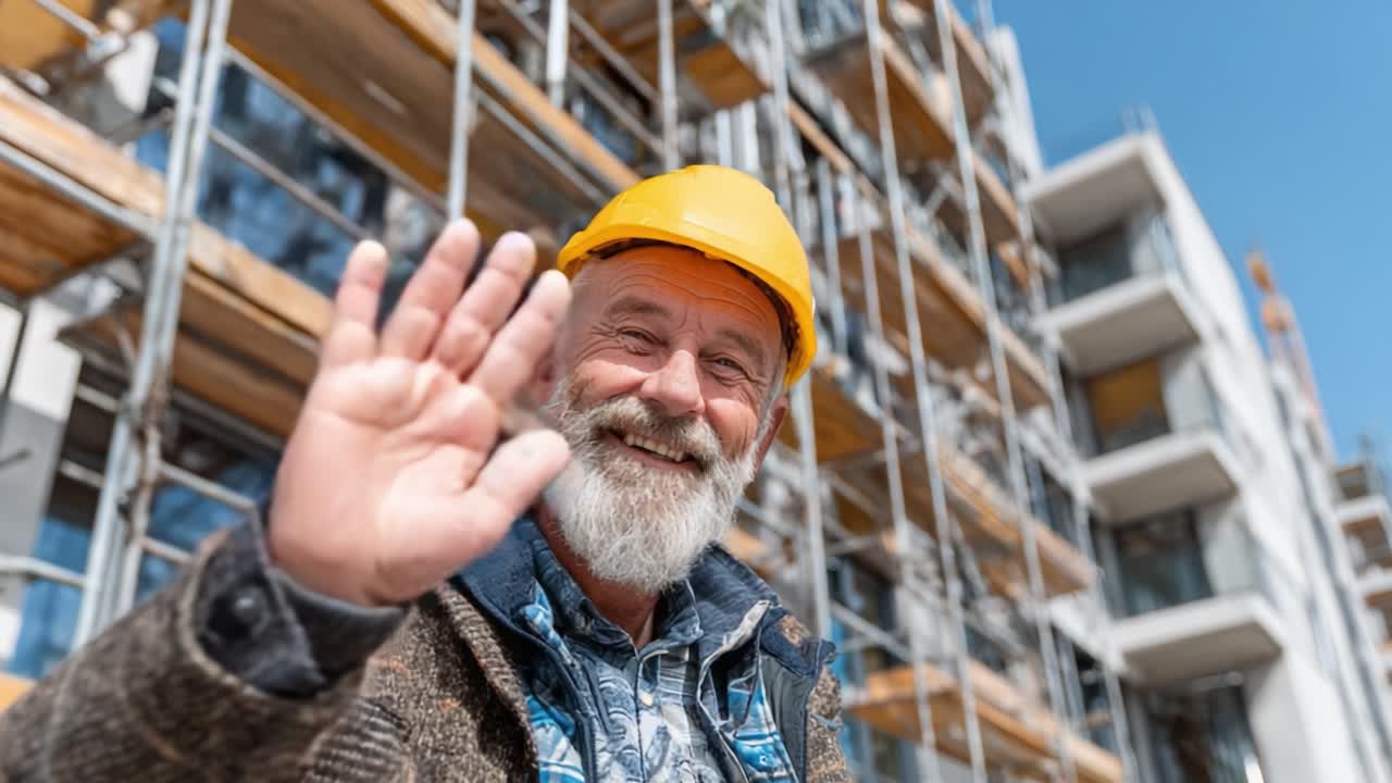 A Joyful Construction Worker Waving with a Friendly Smile at the Building Site Against a Backdrop of Scaffolding and Blue Skies
