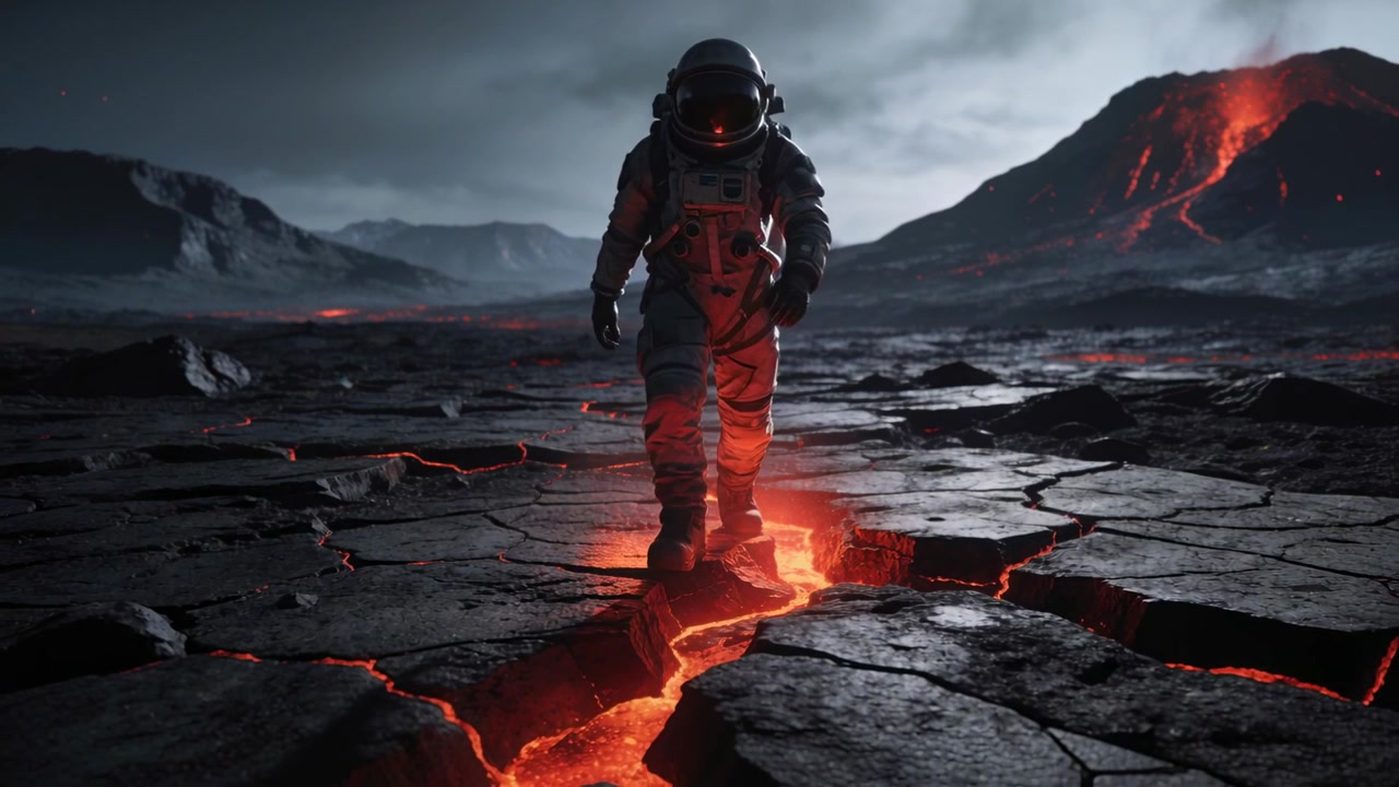 Astronauta in tuta spaziale che cammina scavalcando una fessura di lava su una pianura vulcanica dopo un'eruzione.
